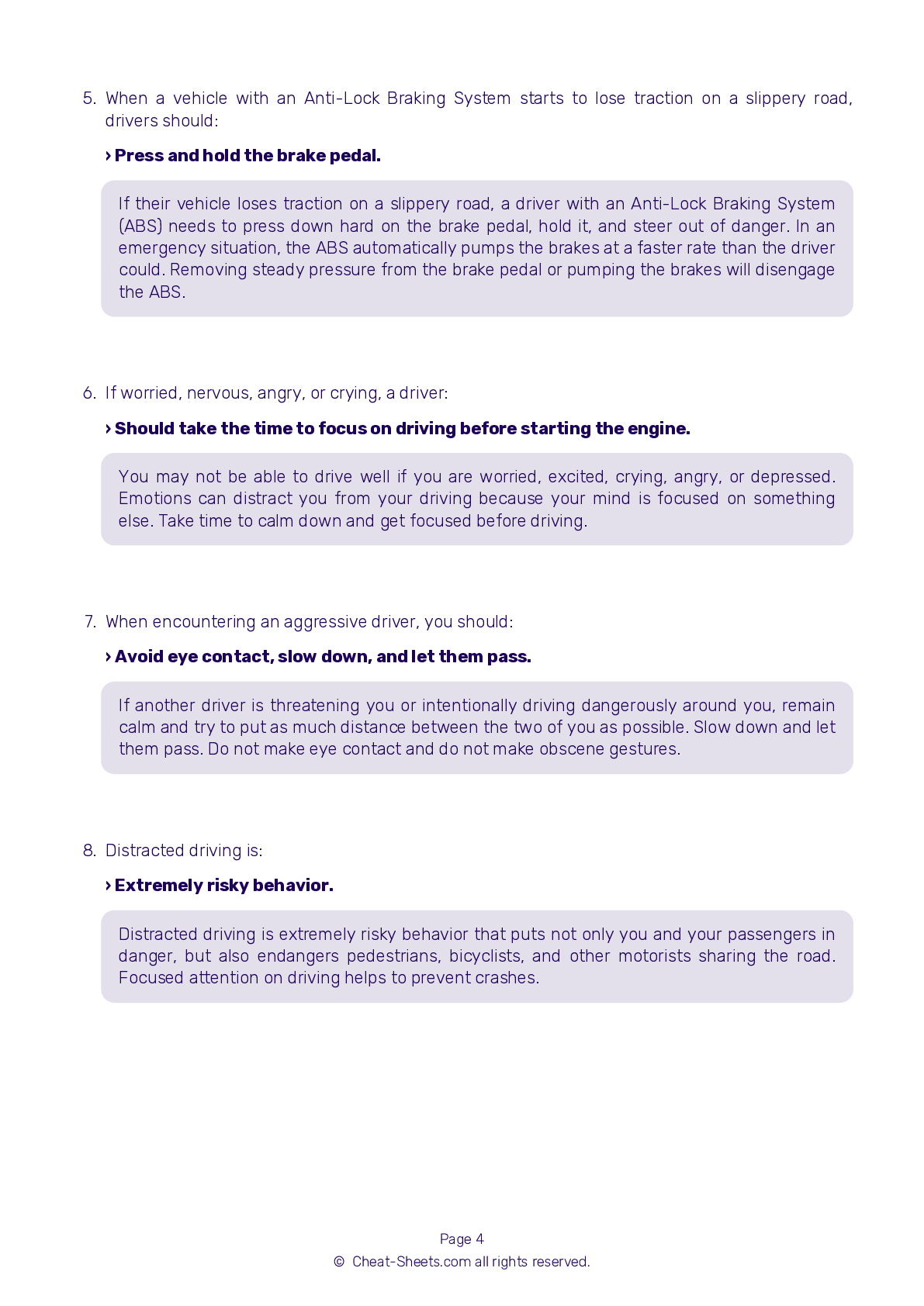 cheat sheet dmv written test